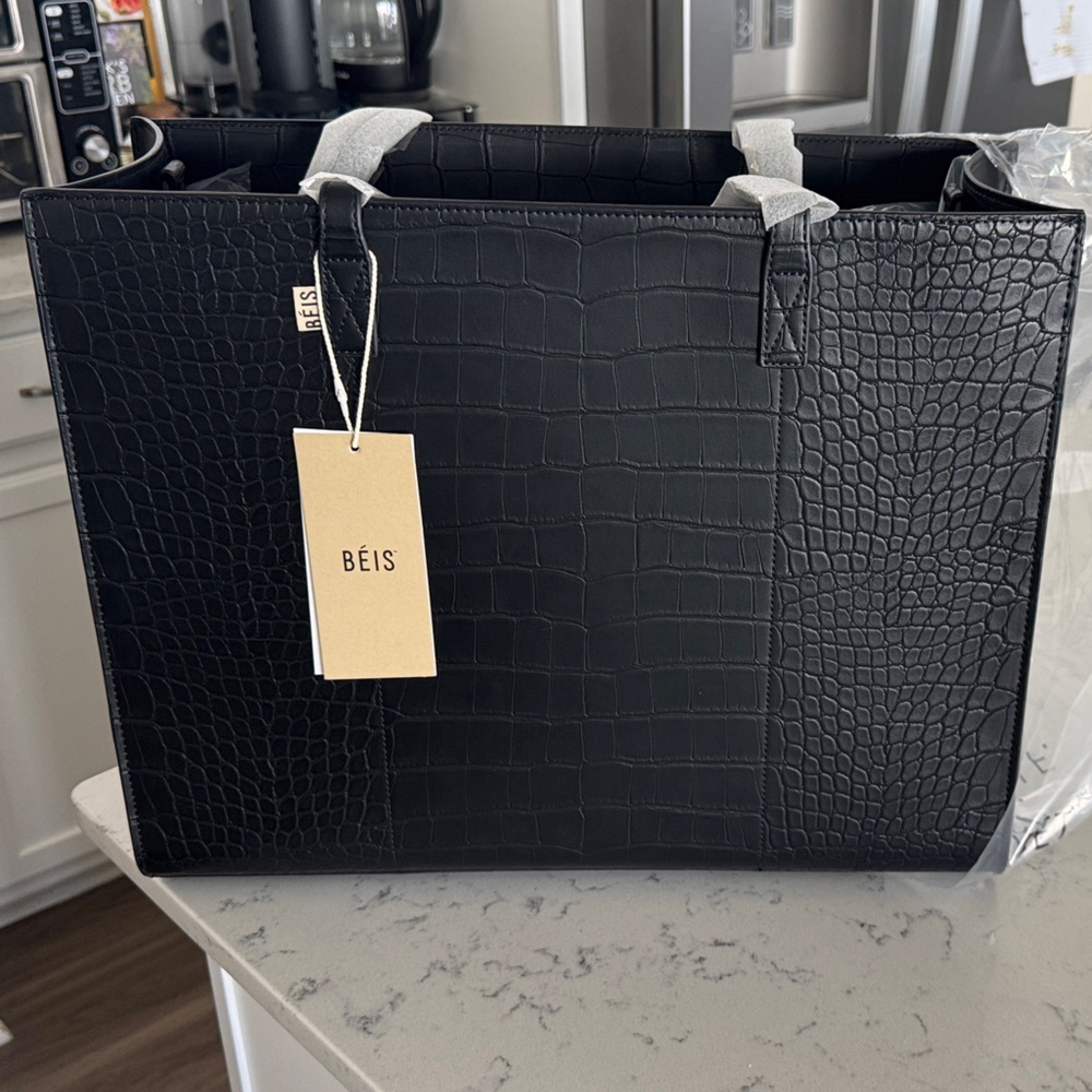 BEIS Black Croc-Large Work Tote